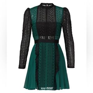 Self-Portrait Elegant Green and Black Lace Pleated A-Line